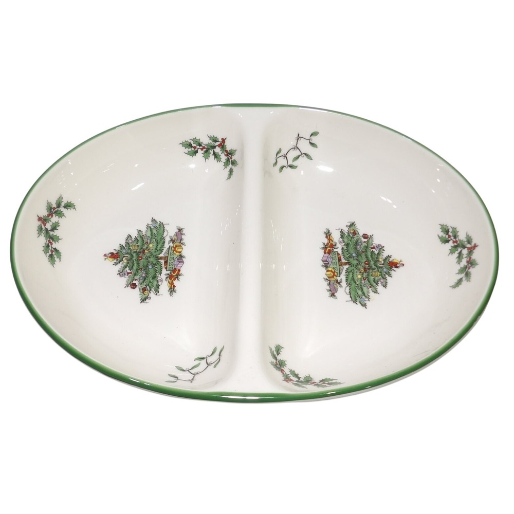 Spode Christmas Tree Divided Vegetable Dish Oval Earthenware Server England